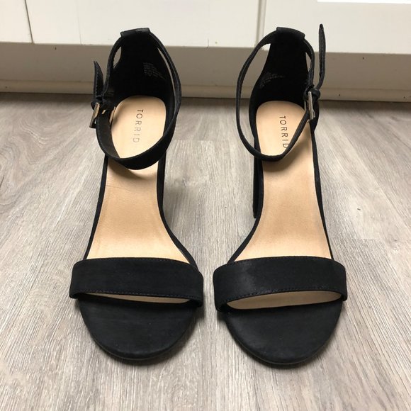 Torrid Size 10.5 Wide Strappy Black Heels Two Strap Tapered Shoes Vegan Suede - Picture 5 of 8